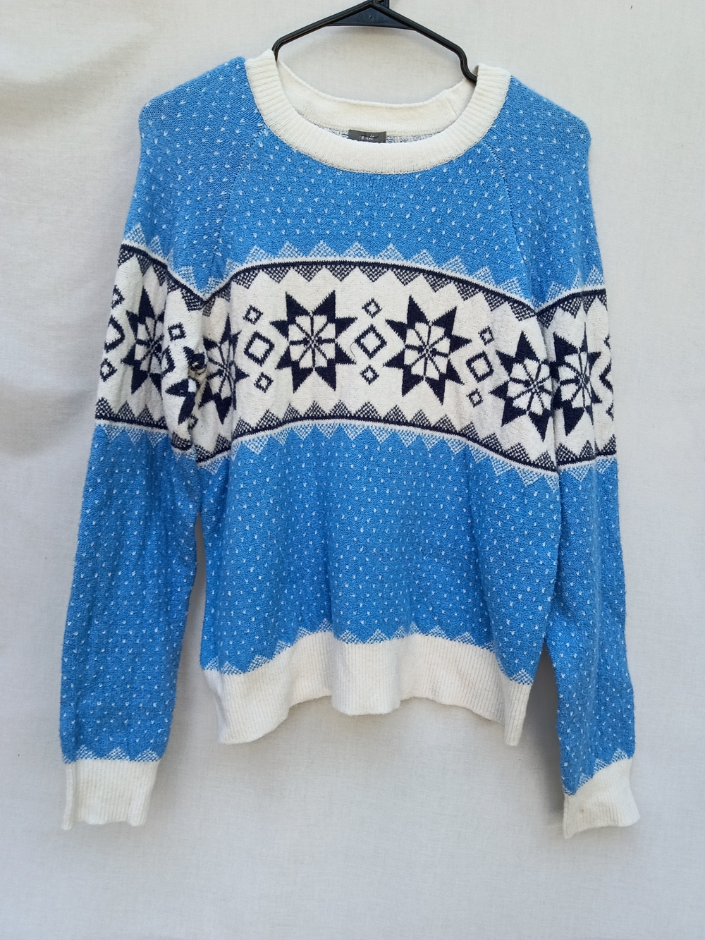 Aerie Soft Fair Isle Crewneck Sweater Blue White Snowflake Ski M